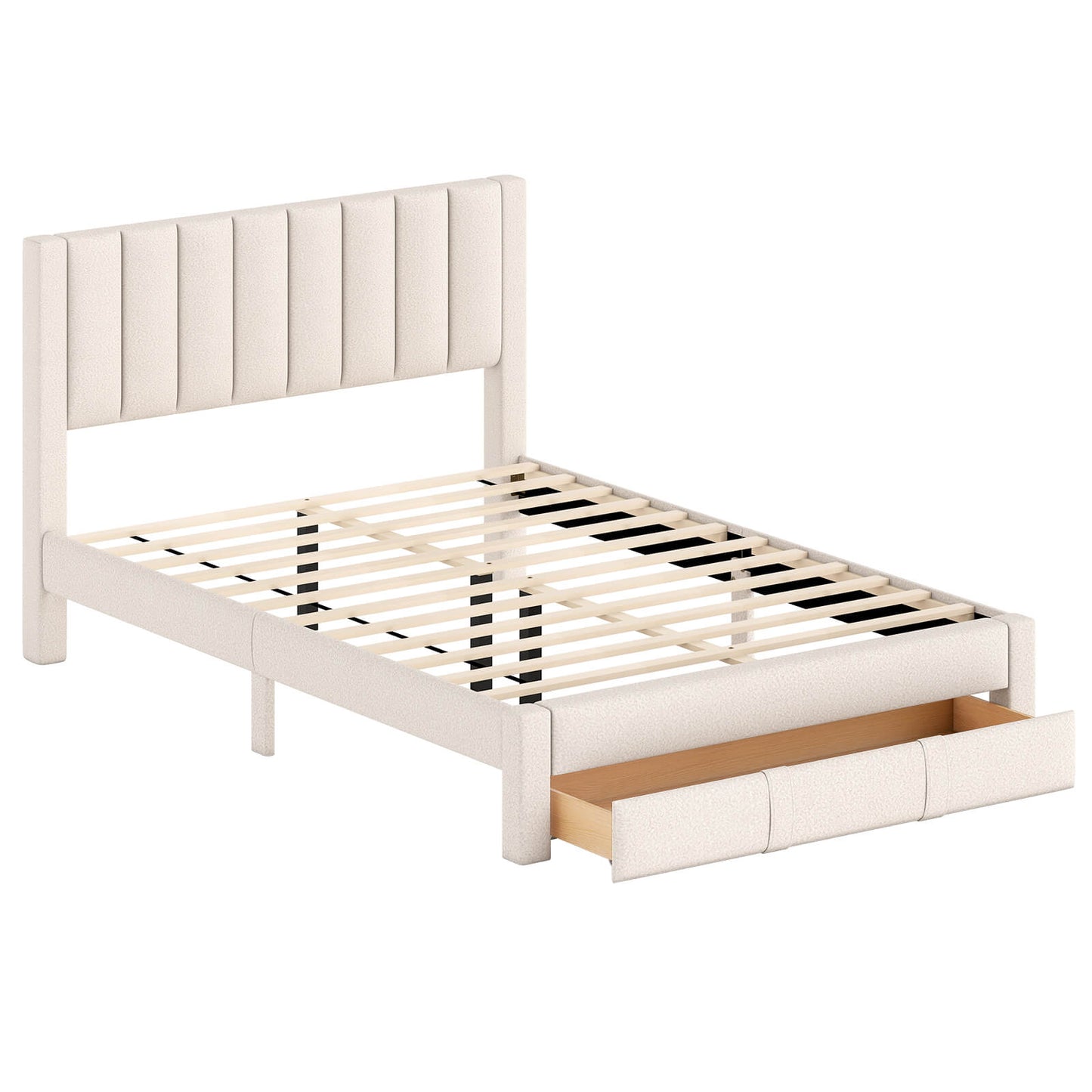 Infans Queen Size Bed Frame w/Storage Drawer & Vertical Channel Headboard,Beige