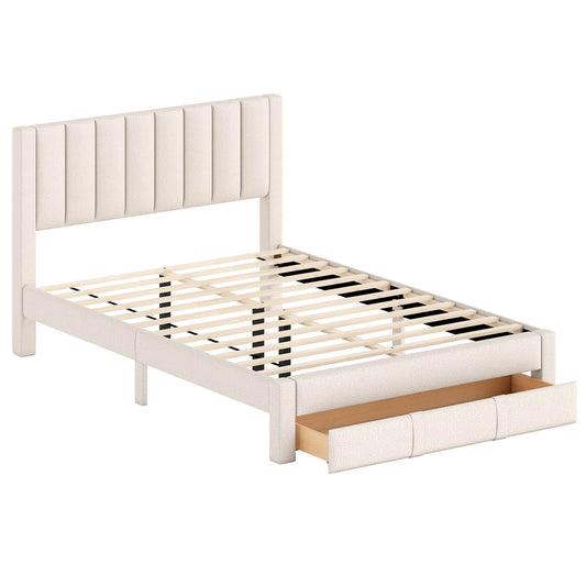 Infans Queen Size Bed Frame w/Storage Drawer & Vertical Channel Headboard,Beige