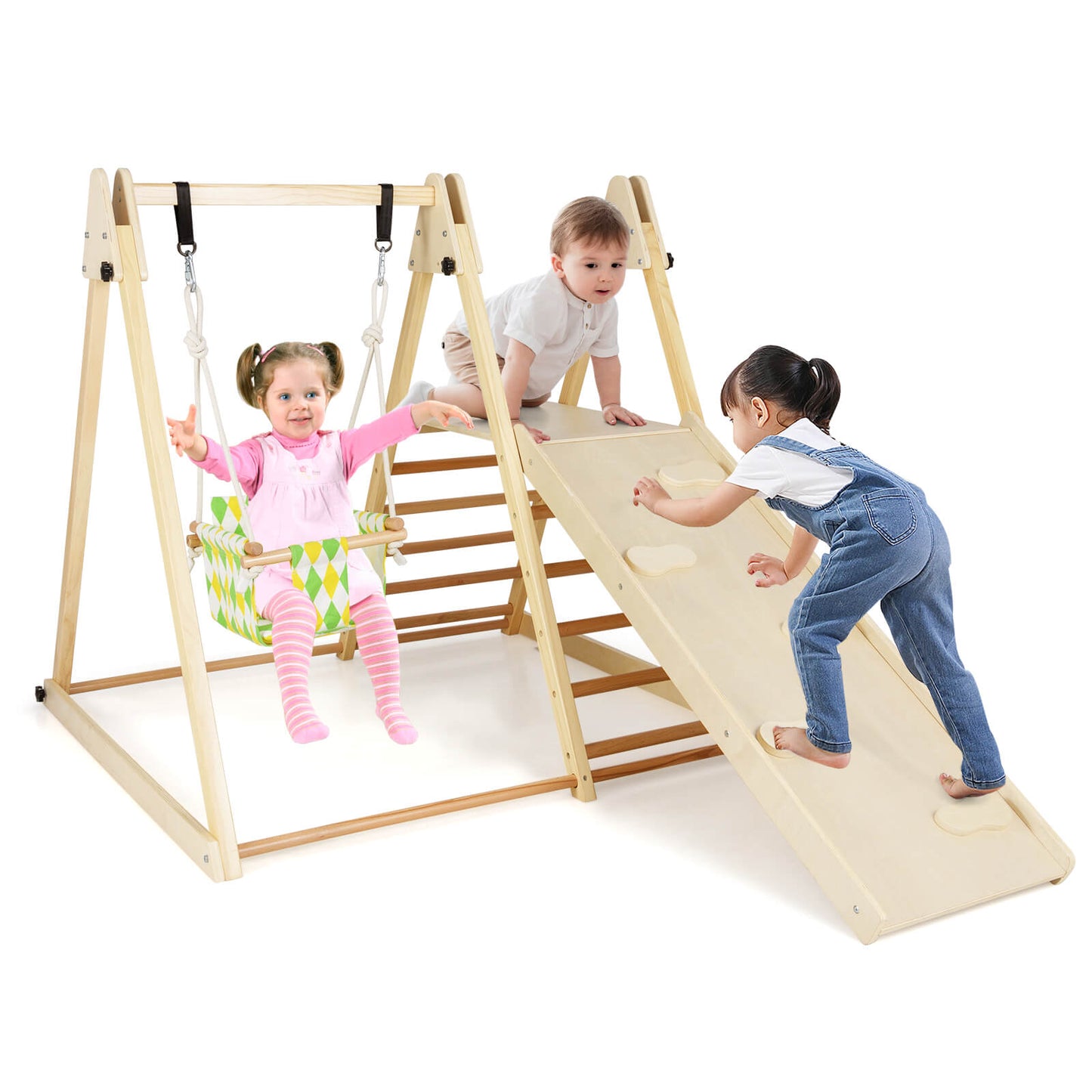 Infans 4-in-1 Indoor Jungle Gym with Baby Swing, Climber, Ladder and Resting PlatformNatural