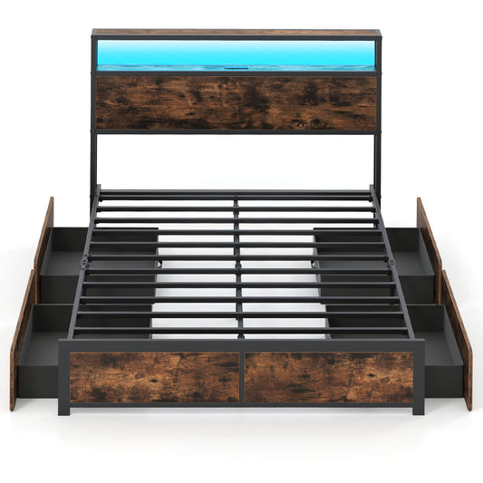 Infans Full Size LED Bed Frame w/2-Tier Storage Headboard & 4 Drawers Charging Station
