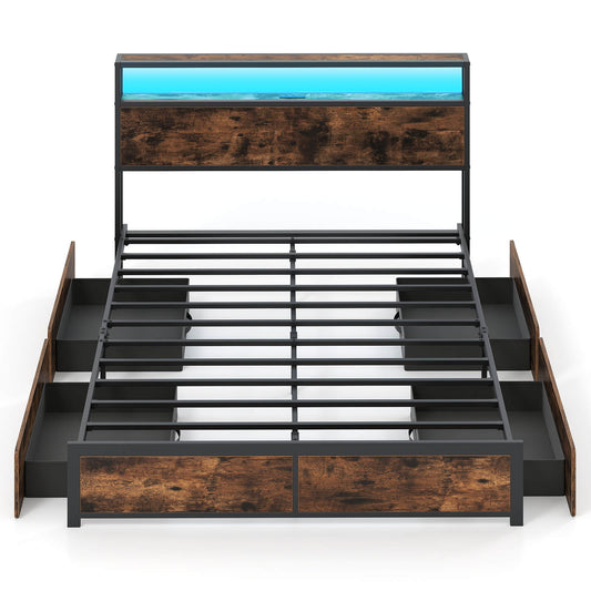 Infans Queen Size LED Bed Frame w/2-Tier Storage Headboard & 4 Drawers Charging Station