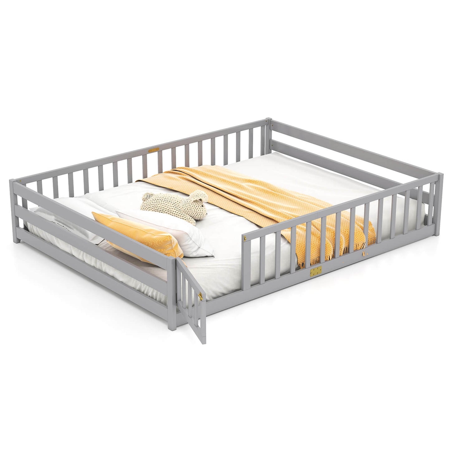 Infans Queen Size Floor Bed with Full Length Safety Guardrails and Door for Boys, GirlsGray