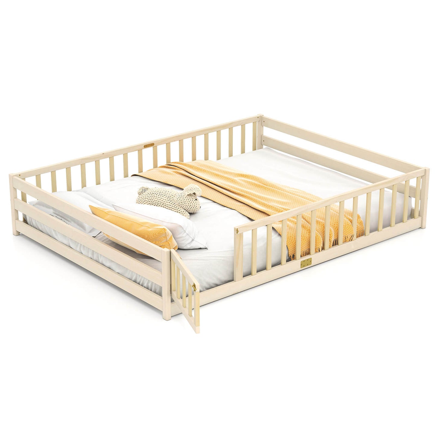 Infans Queen Size Floor Bed with Full Length Safety Guardrails and Door for Boys, GirlsNatural