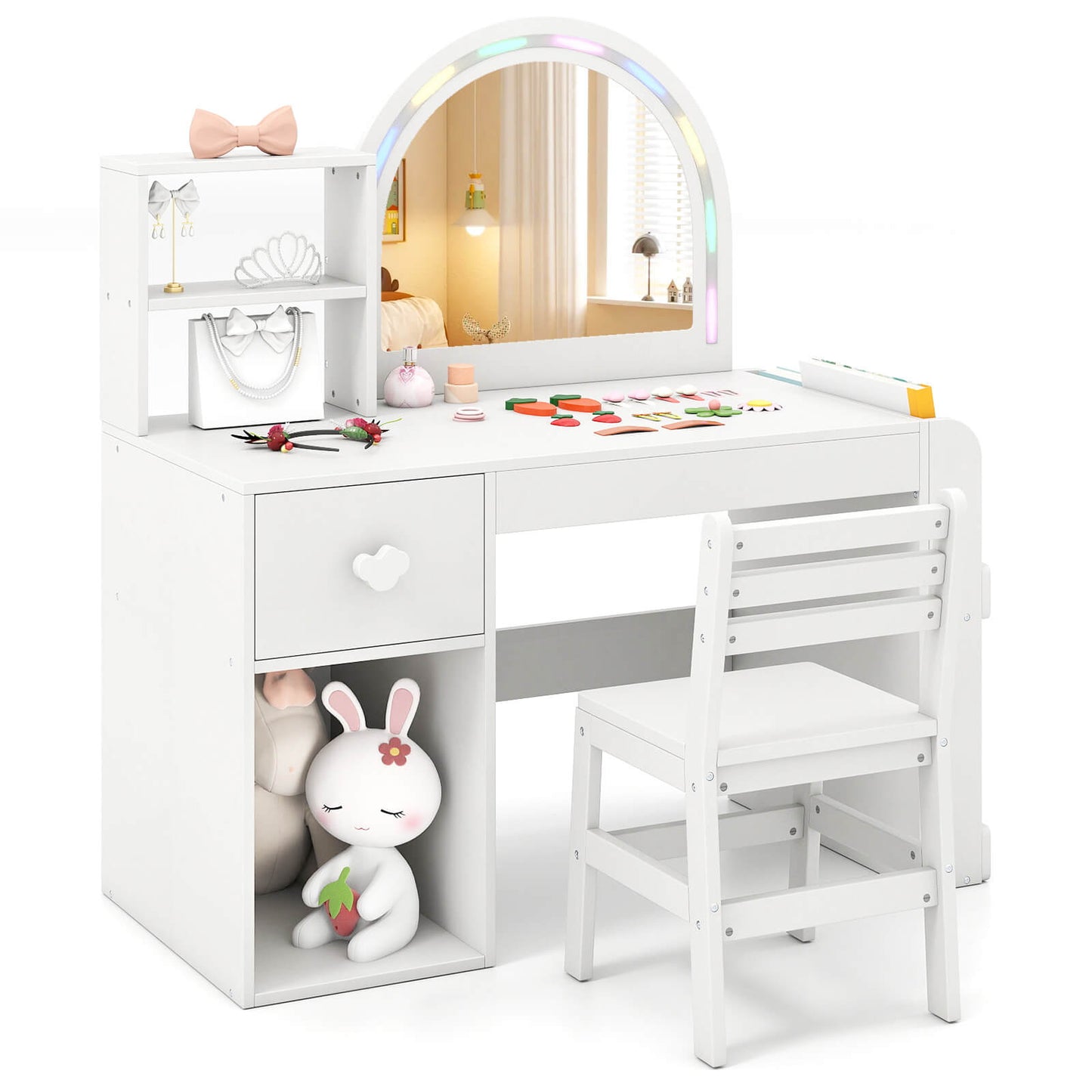 Infans Kids Vanity Desk with Lights Open Bookshelf Storage Drawer Compartment and ShelvesWhite