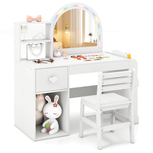 Infans Kids Vanity Desk with Lights Open Bookshelf Storage Drawer Compartment and ShelvesWhite