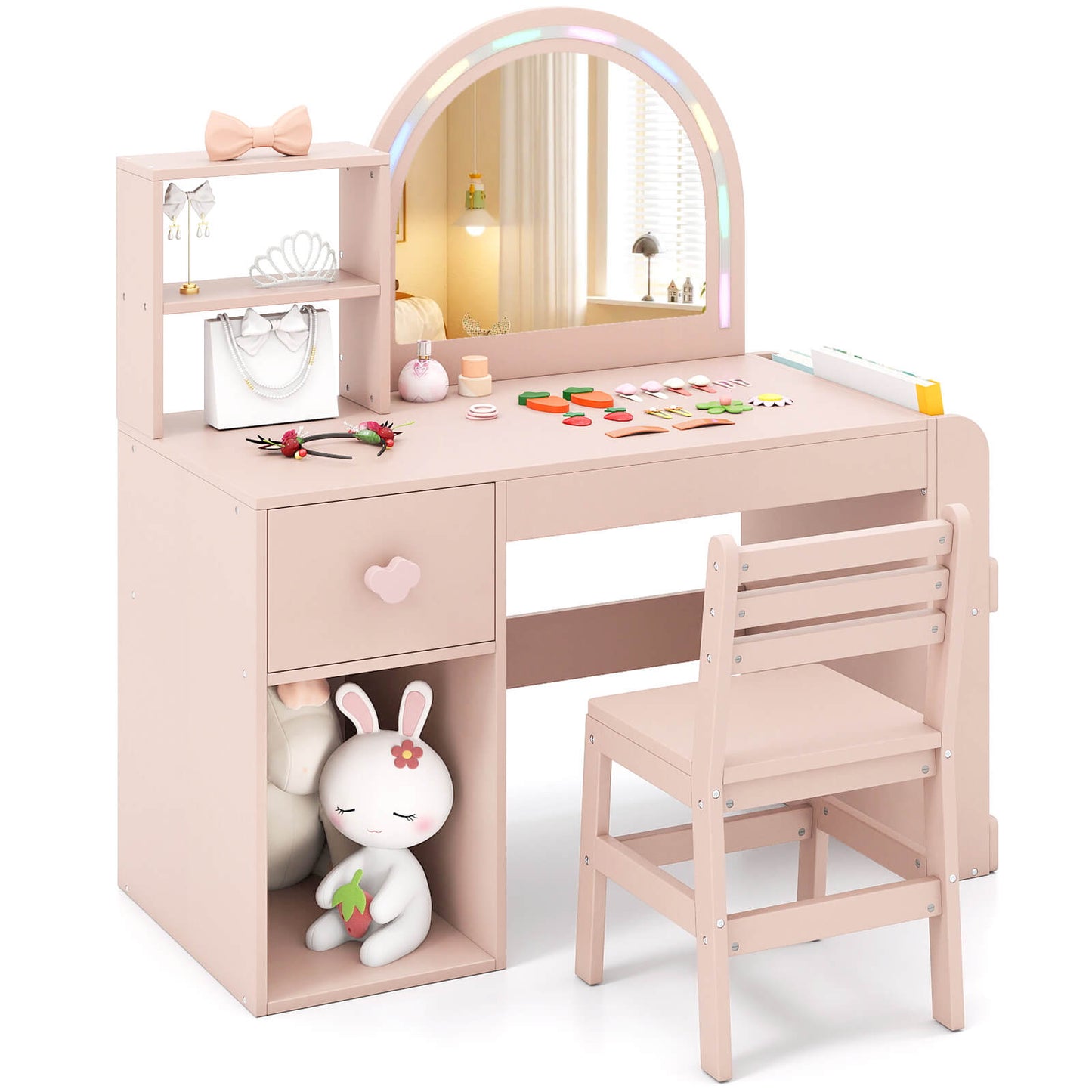 Infans Kids Vanity Desk with Lights Open Bookshelf Storage Drawer Compartment and ShelvesPink