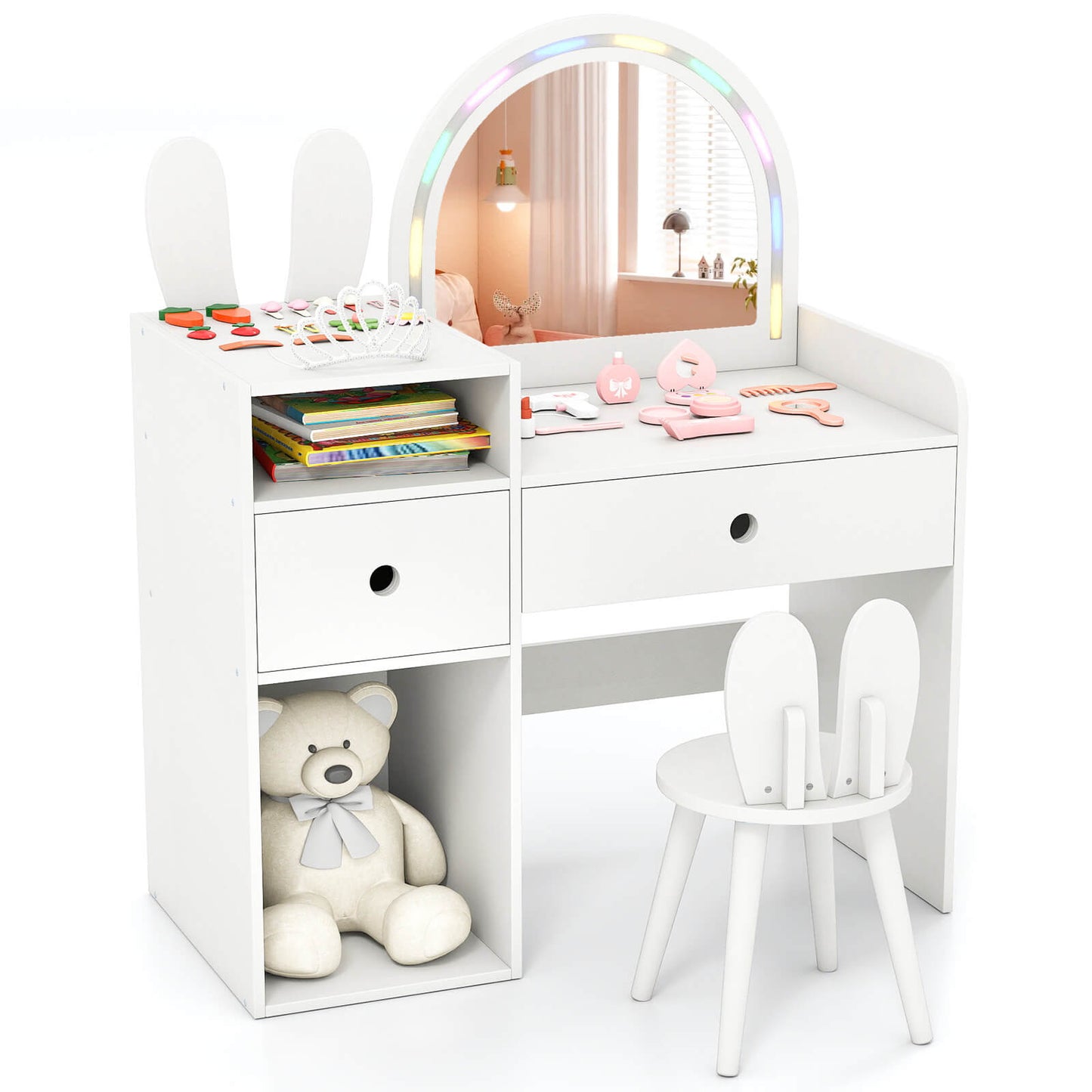 Infans Princess Bunny Makeup Table w/Lighted Mirror, Open Shelves and Storage Drawers