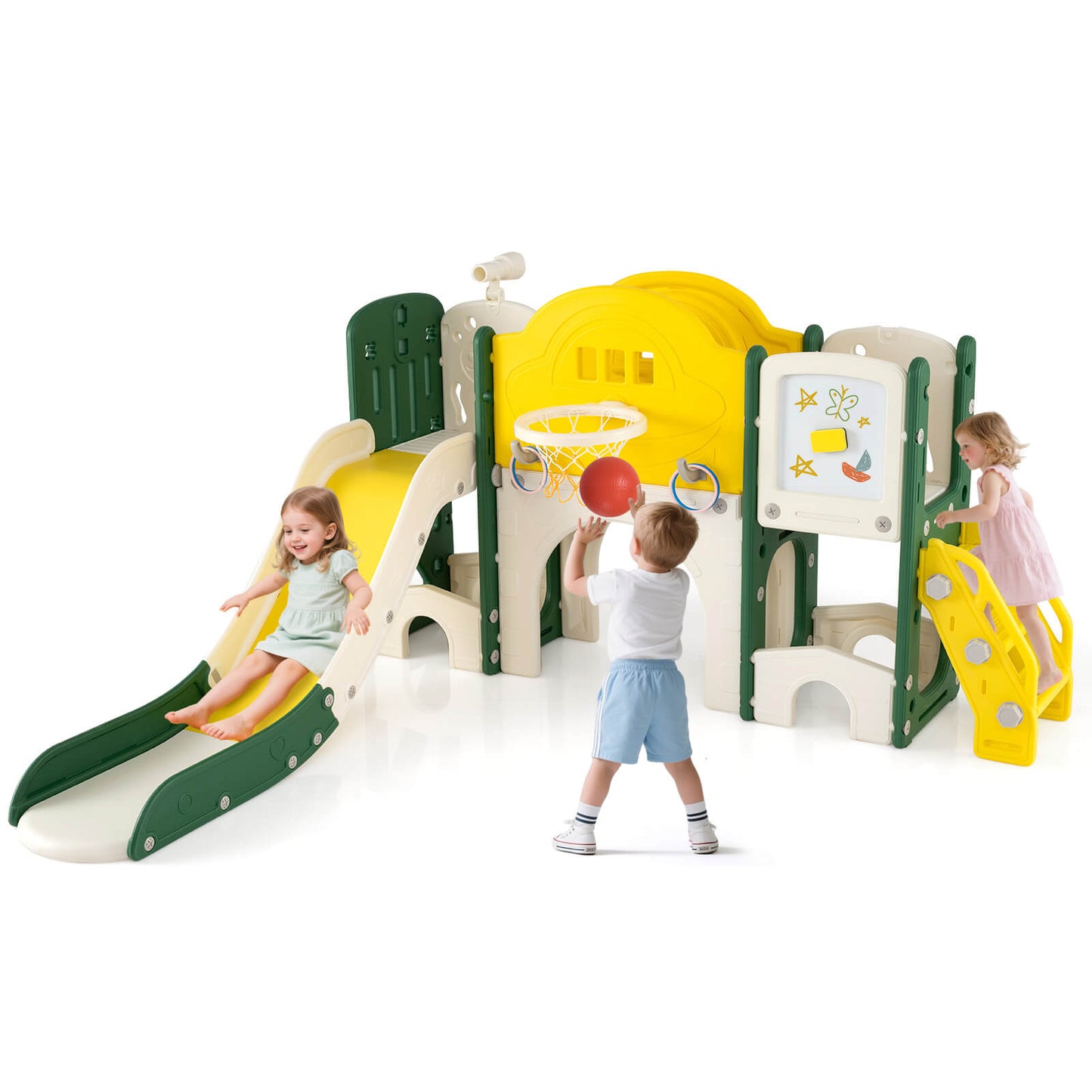 Infans 10 in 1 Toddler Slide Set w/Magnetic Whiteboard, Telescope Ring Toss for Ages 3+