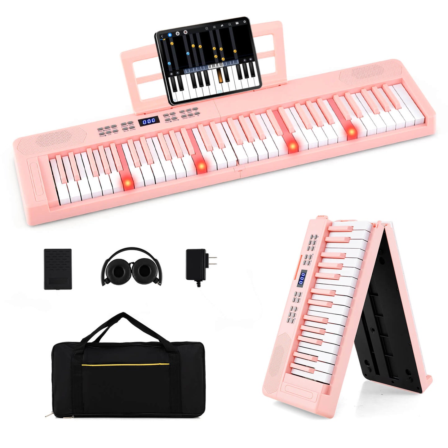 Infans 61-Key Foldable Piano Keyboard with MIDI Split Function Headphone Sustain PedalPink