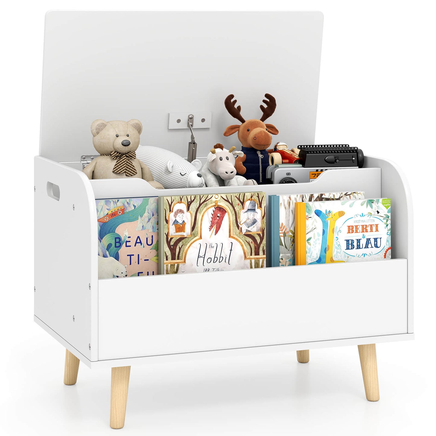 Infans Kids Wooden Toy Box with Front Bookshelf 4 Solid Wood Legs Flip-top Lid for NurseryWhite