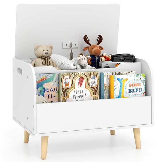 Infans Kids Wooden Toy Box with Front Bookshelf 4 Solid Wood Legs Flip-top Lid for NurseryWhite