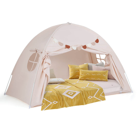 Infans Twin Full Size Bed Tent with 2 Windows, Flags for Boys and Girls Aged 3+ Years OldBeige