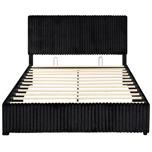 Infans Queen Size Lift-up Storage Bed with Hydraulic Lifts, Wooden Slat Support,  BeigeBlack
