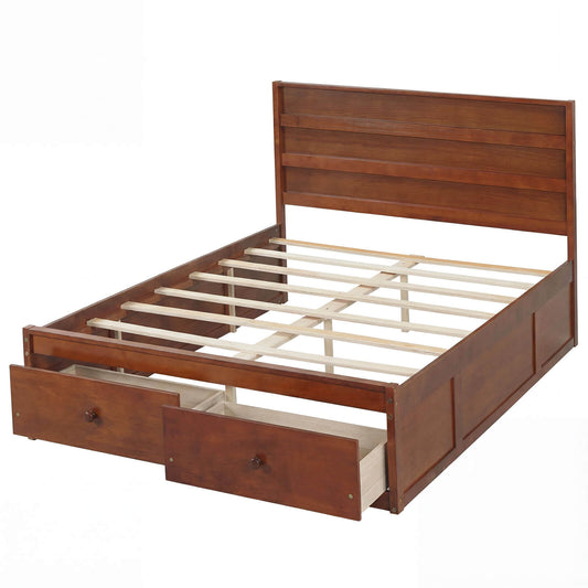 Infans Full Size Bed Frame w/Storage Drawers, Headboard, Wooden Slat Support, Walnut