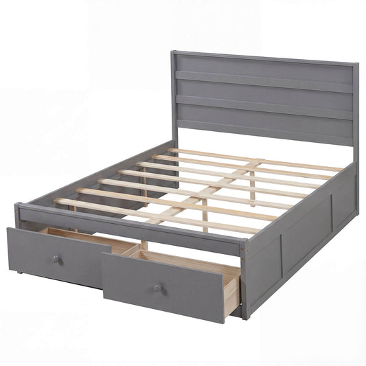 Infans Full Size Bed Frame w/Storage Drawers, Headboard, Wooden Slat Support, Gray