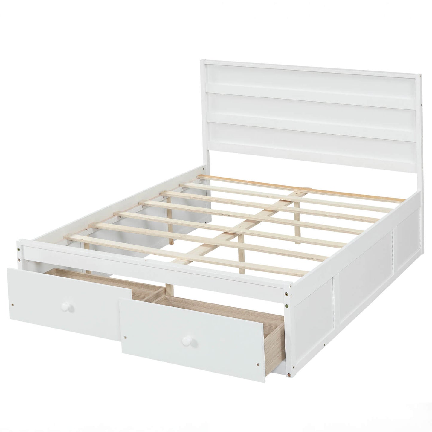 Infans Full Size Bed Frame w/Storage Drawers, Headboard, Wooden Slat Support, White