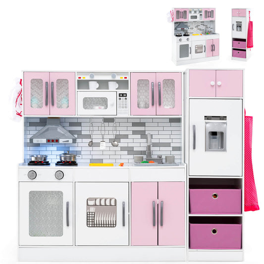 Infans Wooden Kitchen Playset w/Lights Sounds Interactive Features Storage AccessoriesPink + White