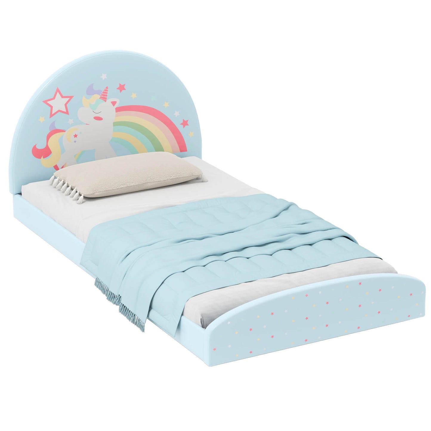 Infans Twin Floor Bed Frame with 210D Oxford Cloth Floor Mat, Middle Support SlatBlue Rainbow