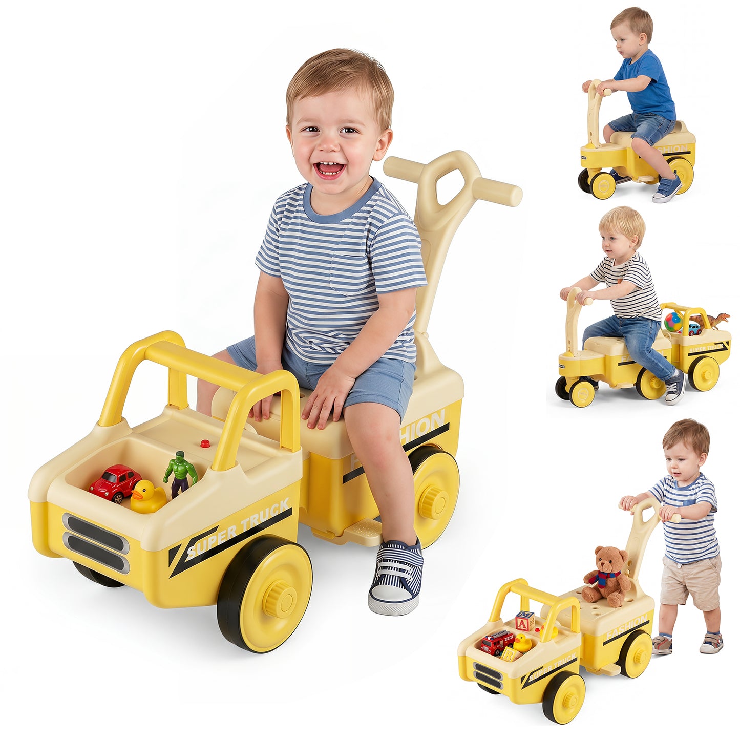 Infans 4 in 1 Ride on Push CarSliding Walking Car w/Trailer Music Under-Seat Storage Yellow