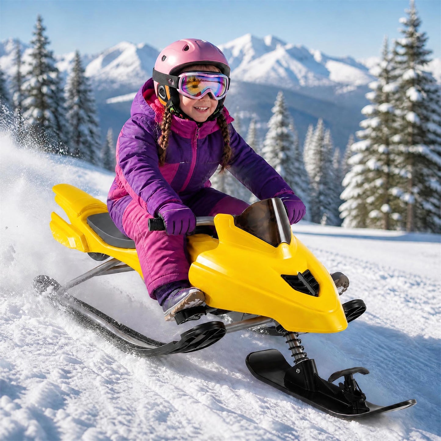 INFANS Snow Racer Sled w/Brakes Tow Ropes Easy Grip Steering Handle for Winter Sports Yellow