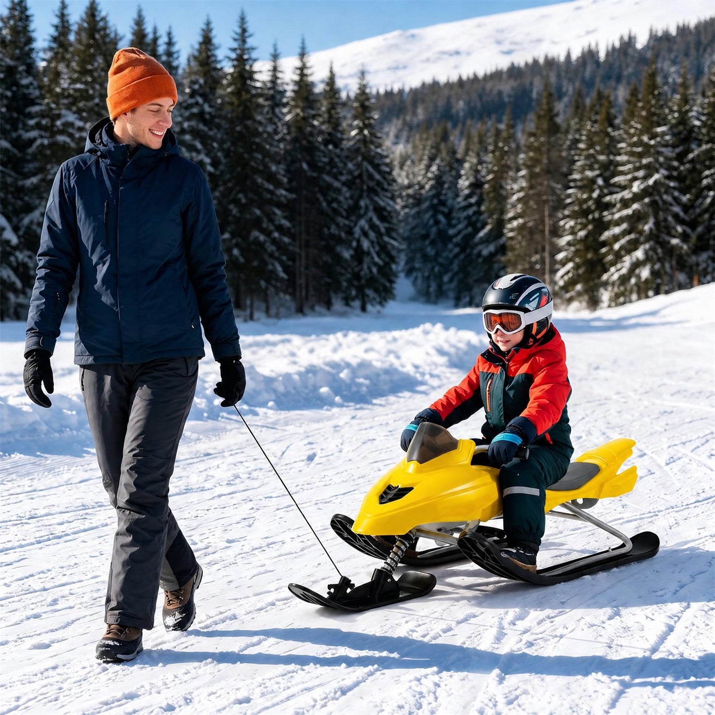 INFANS Snow Racer Sled w/Brakes Tow Ropes Easy Grip Steering Handle for Winter Sports Yellow