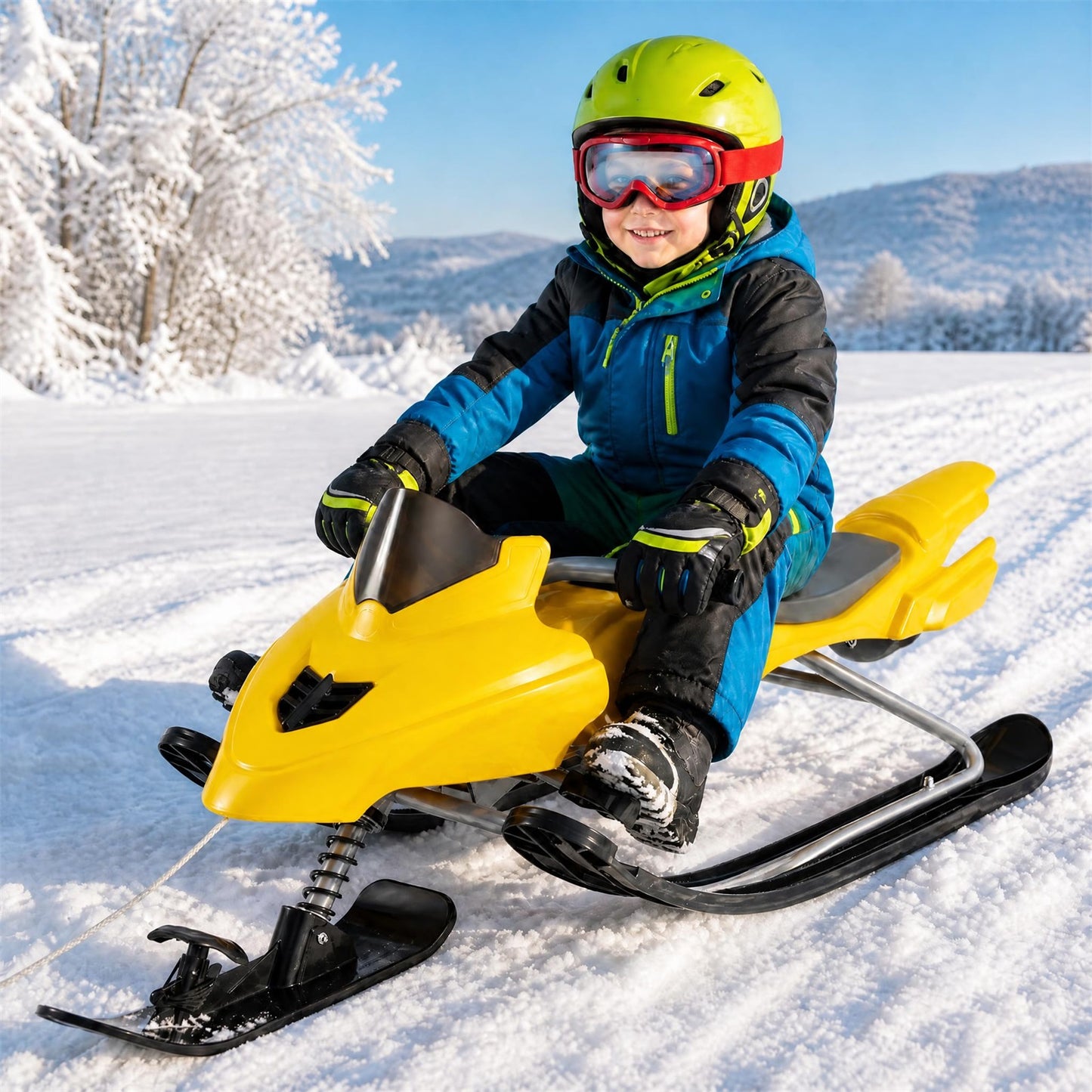 INFANS Snow Racer Sled w/Brakes Tow Ropes Easy Grip Steering Handle for Winter Sports Yellow