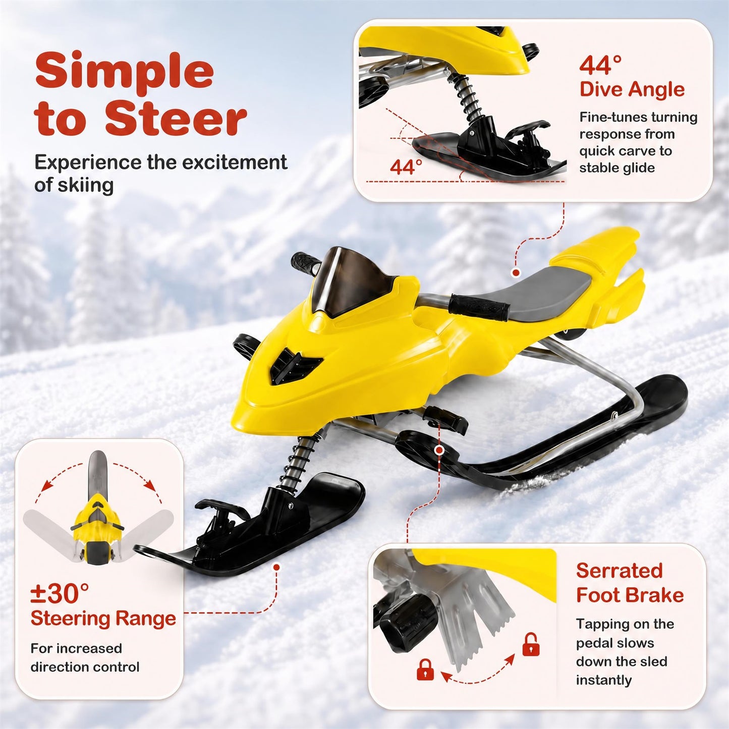 INFANS Snow Racer Sled w/Brakes Tow Ropes Easy Grip Steering Handle for Winter Sports Yellow