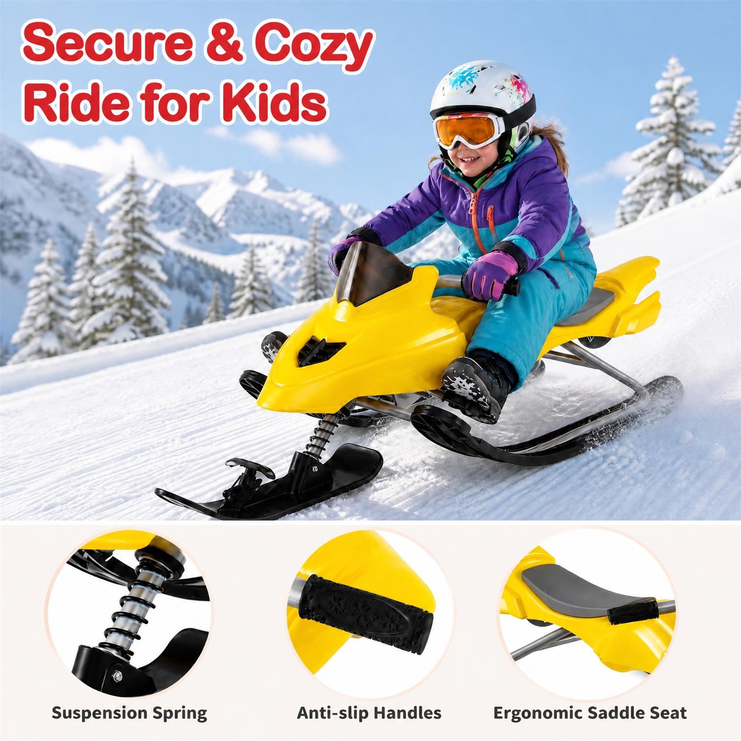 INFANS Snow Racer Sled w/Brakes Tow Ropes Easy Grip Steering Handle for Winter Sports Yellow