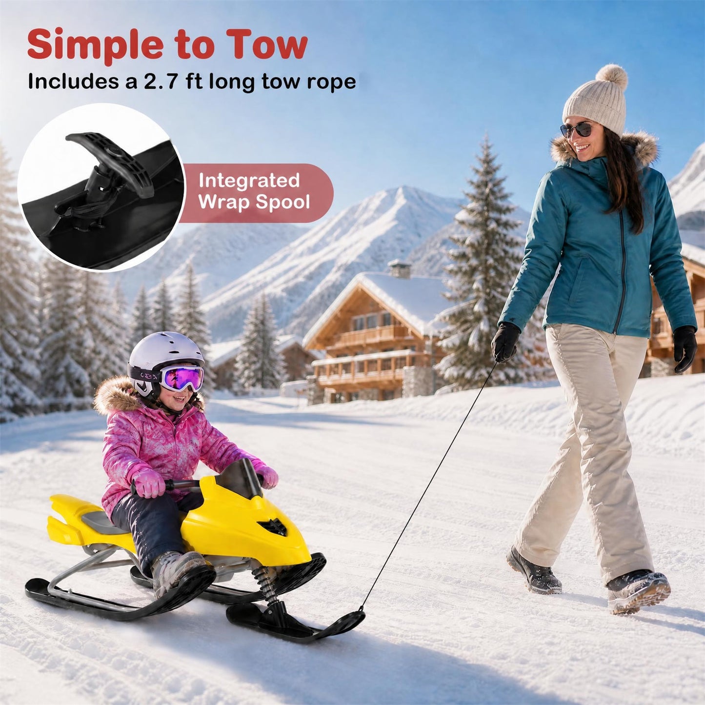 INFANS Snow Racer Sled w/Brakes Tow Ropes Easy Grip Steering Handle for Winter Sports Yellow