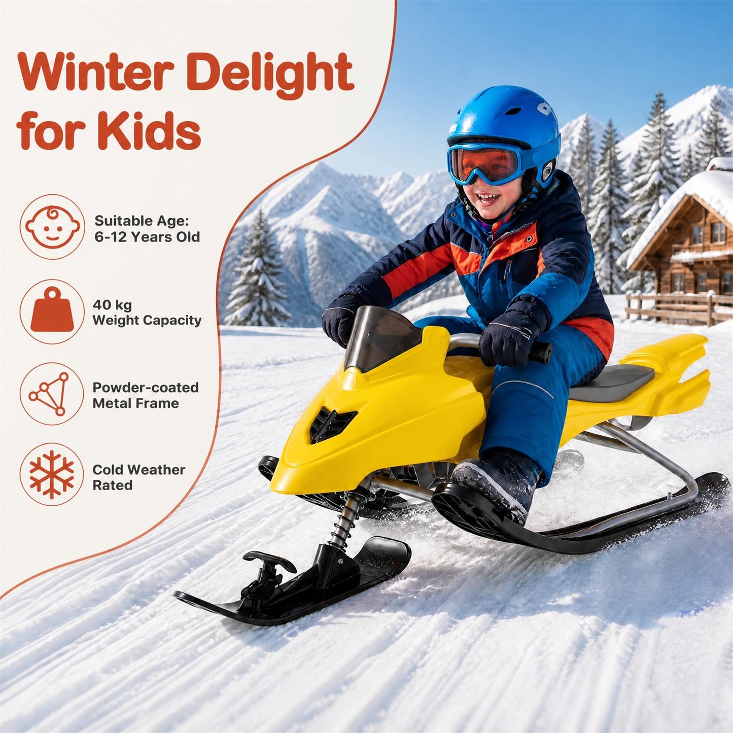 INFANS Snow Racer Sled w/Brakes Tow Ropes Easy Grip Steering Handle for Winter Sports Yellow