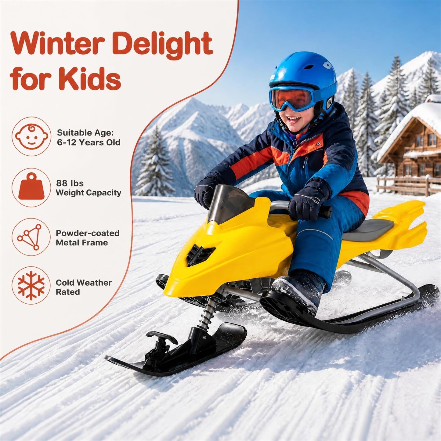 INFANS Snow Racer Sled w/Brakes Tow Ropes Easy Grip Steering Handle for Winter Sports Yellow