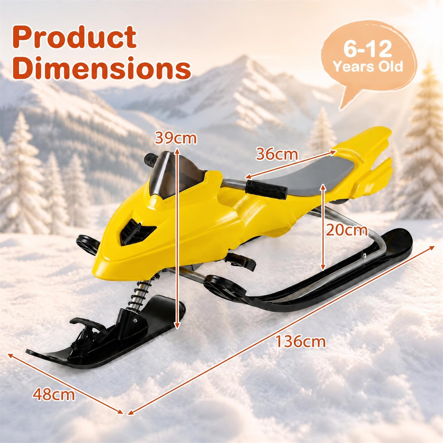 INFANS Snow Racer Sled w/Brakes Tow Ropes Easy Grip Steering Handle for Winter Sports Yellow