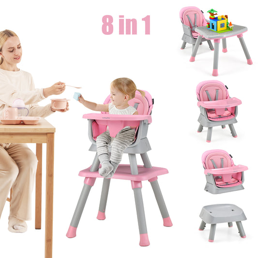 Infans 8-in-1 Baby High Chair w/ Double-layer Cushions Multifunctional ToddlerPink