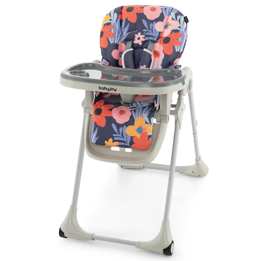 Infans Baby High Chair with 7 Height & 3 Footrest Adjustable Cup holder 2 Wheels Flower Pattern