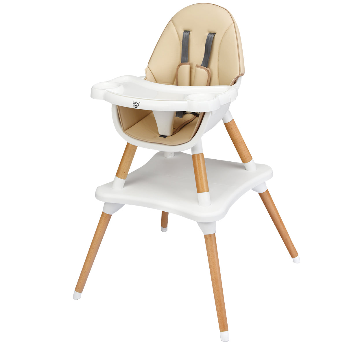 Infans 5-in-1 Baby High Chair Infant Wooden Convertible Chair w/5-Point Seat Belt Khaki