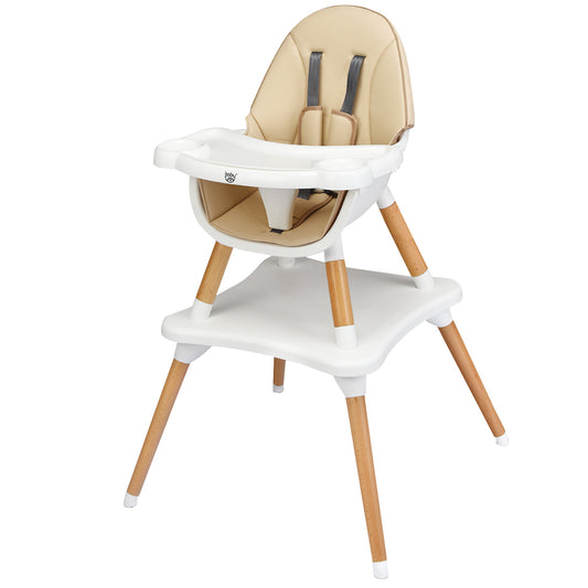 Infans 5-in-1 Baby High Chair Infant Wooden Convertible Chair w/5-Point Seat Belt Khaki