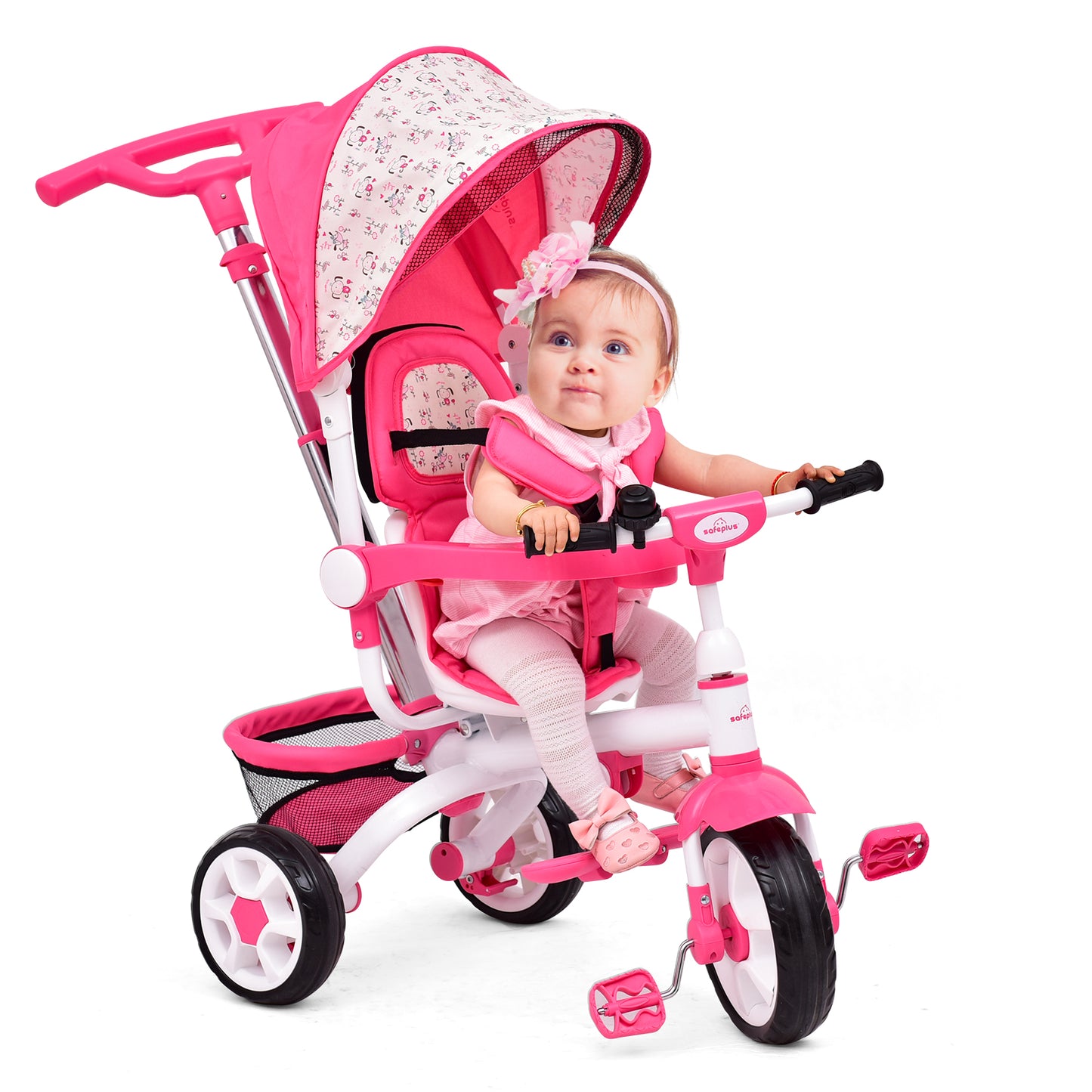 Infans 4-In-1 Kids Baby Stroller Tricycle Detachable Toy Bike withCanopy BasketPink