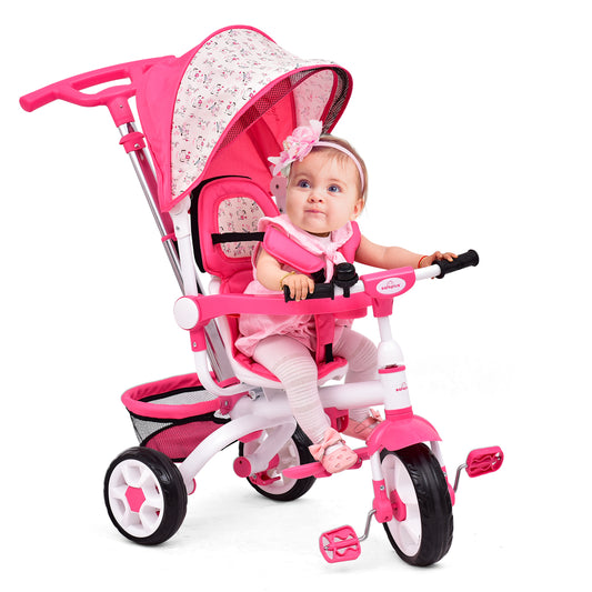 Infans 4-In-1 Kids Baby Stroller Tricycle Detachable Toy Bike withCanopy BasketPink