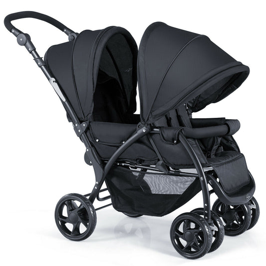 Infans Foldable Double Baby Stroller Lightweight Front & Back Seats Pushchair Black