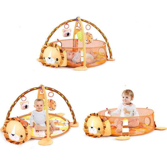 Infans Cute Lion Theme Baby Play Gym Mat, 3 in 1 Baby Cognitive Exploration Activity Mat with Removable Toys Bars & Walls, 4-Piece Hanging Toys & 30-Piece Ball Pit (19.5 in)