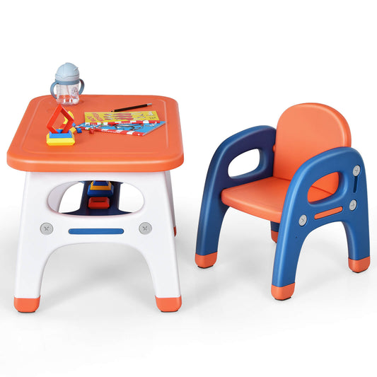 Infans Kids Dinosaur Table and Chair Set Activity Study Desk w/ Building BlocksOrange+Blue+White
