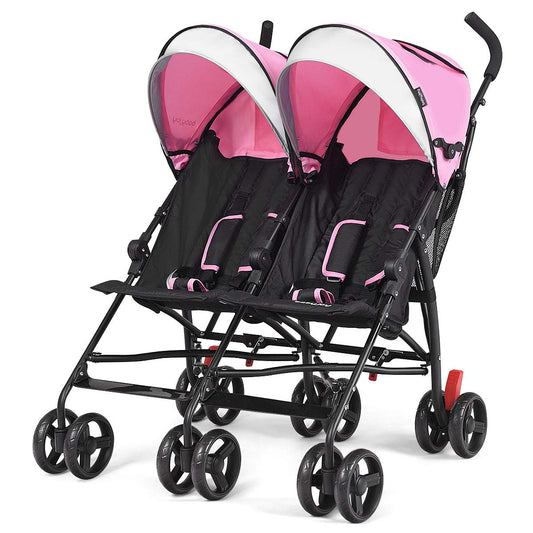 Infans Double Light-Weight Stroller, Travel Foldable Design, Twin Umbrella Stroller with 5-Point Harness, Cup Holder, Sun Canopy for Baby, Toddlers (Pink)