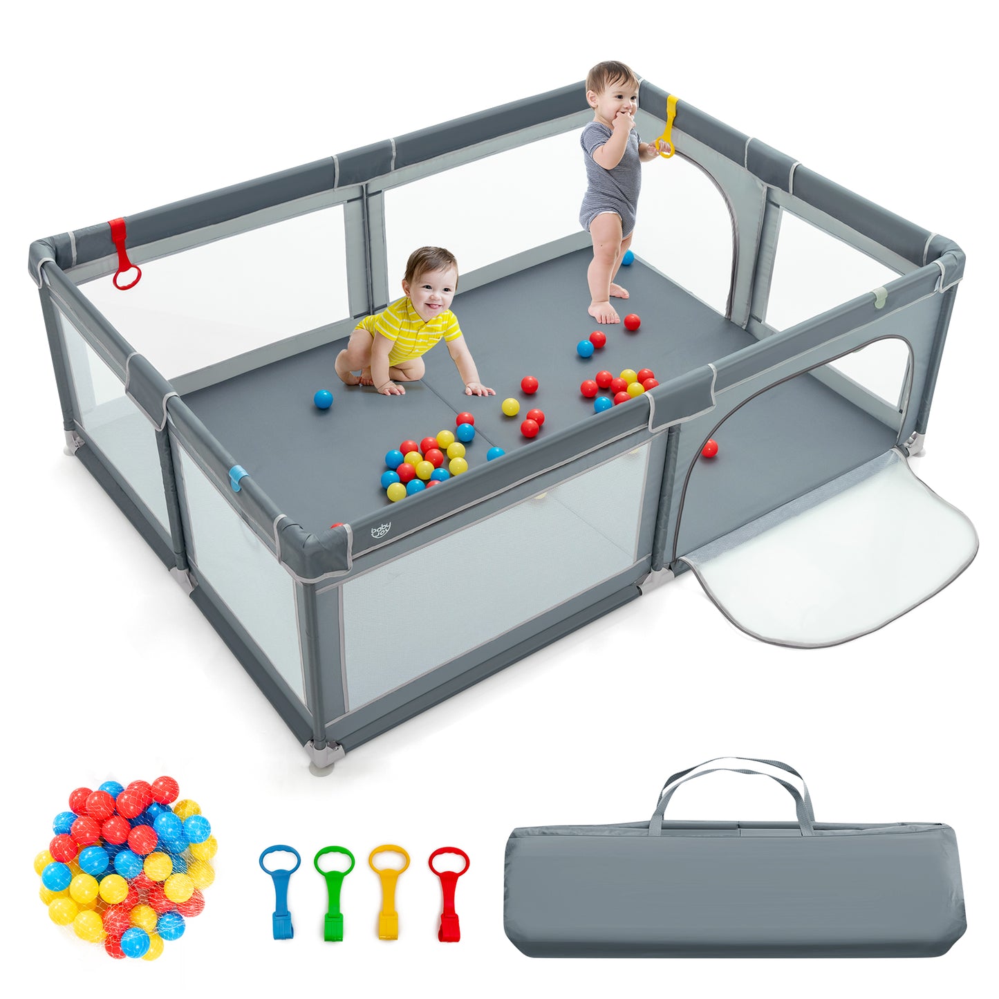 Infans Baby Playpen Extra-Large Safety Baby Fence w/ Ocean Balls & Rings Grey