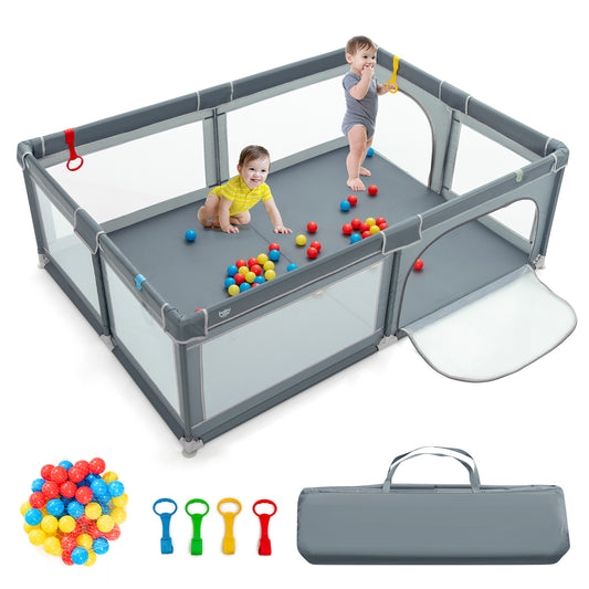 Infans Baby Playpen Extra-Large Safety Baby Fence w/ Ocean Balls & Rings Grey