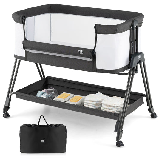 Infans Baby Bedside Bassinet w/ Wheels & Storage Tray Folding Adjustable Crib