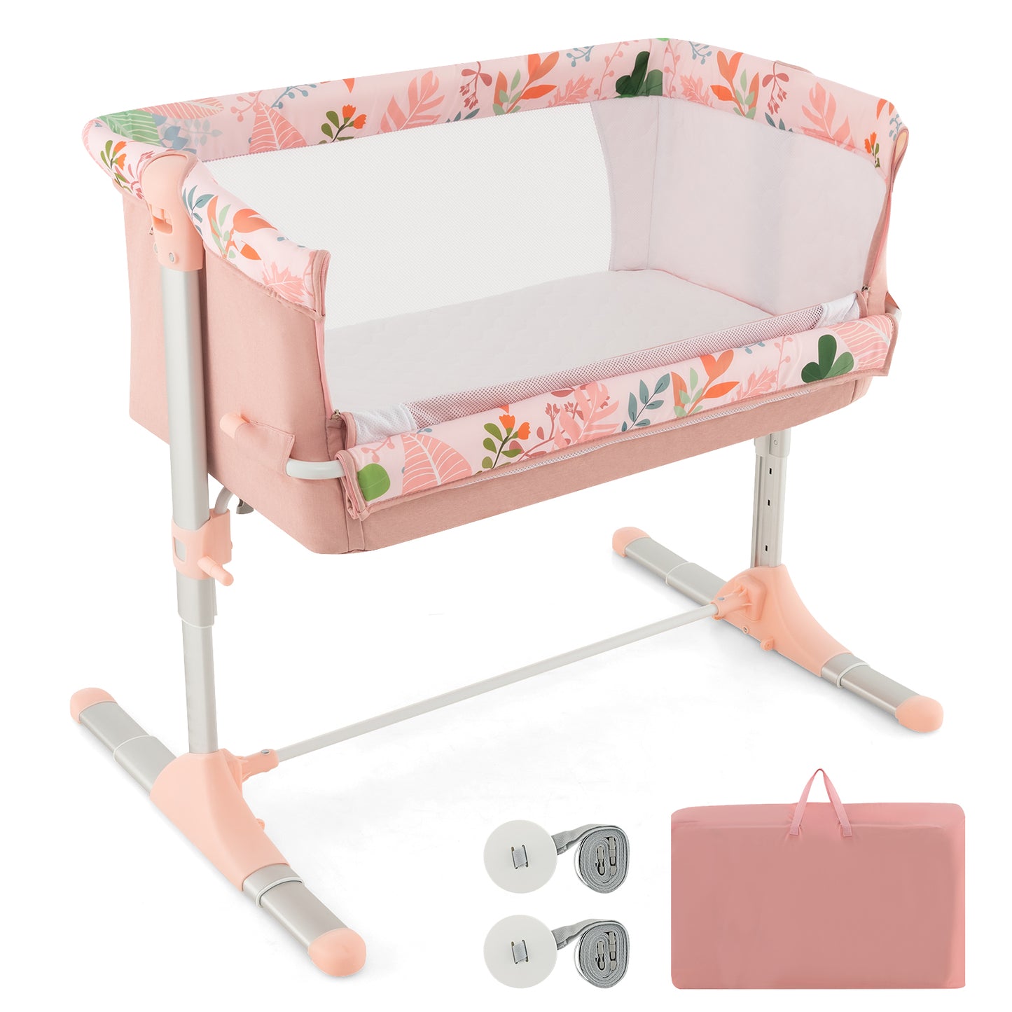 Infans Folding Baby Bassinet w/ 4 Adjustable Heights, Retractable Feet Pink