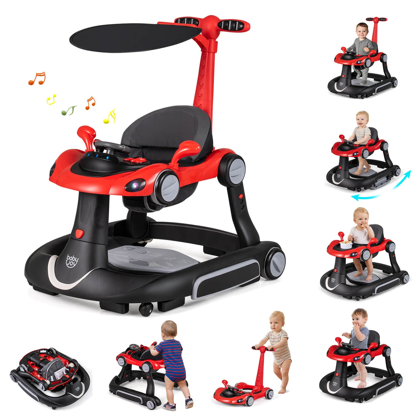 Infans 6-in-1 Baby Walker w/Canopy Music Lights Speed/Height Adjustment & Wheels Black