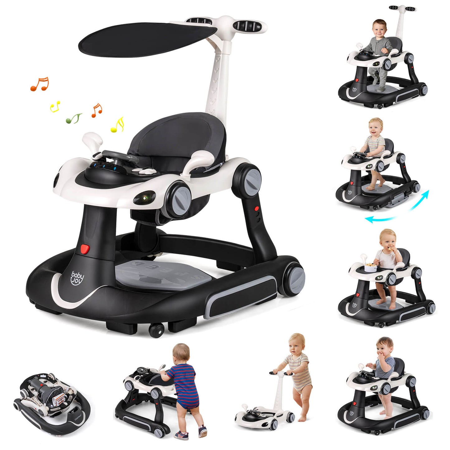 Infans 6-in-1 Baby Walker w/Canopy Music Lights Speed/Height Adjustment & Wheels Red