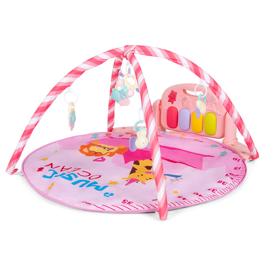 Infans Baby Gym Baby Play Mat Kick and Play Piano Gym w/ 5 Hanging Sensory Toys Pink