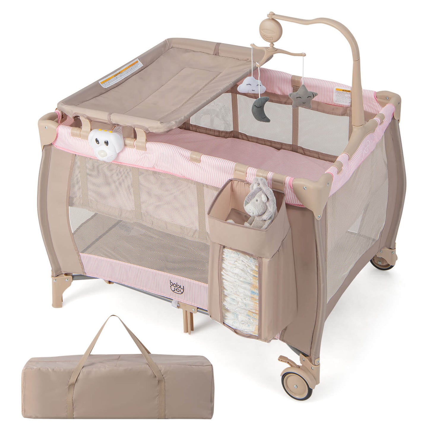 Infans Portable Baby Playard Nursery Center Crib Bassinet w/ Hanging Toys & Music BoxPink